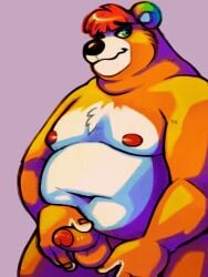 2023 animal_crossing anthro balls bear belly big_belly biped black_nose captchevron colorful deep_navel digital_media_(artwork) erection fur genitals green_eyes hair hi_res holding_penis male mammal moobs navel nintendo nipples nude orange_body orange_fur overweight overweight_male penis pudge_(animal_crossing) shaded short_hair shy solo standing