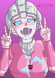 1girls arcee arcee_(g1) autobot blue_cum blush cindy_toons crying crying_with_eyes_open cum cum_in_mouth cum_on_body cum_on_breasts cum_on_face double_v double_v_sign female female_autobots female_only only_female open_mouth peace_sign solo tears transformers transformers_g1 v_sign