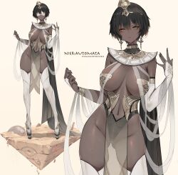 1girls absurd_res alternate_costume black_hair black_nails breasts breasts_apart bridal_gauntlets circlet dark-skinned_female dark_skin dishwasher1910 earrings egyptian egyptian_clothes female full_body gold_(metal) gold_jewelry hi_res highleg highres jewelry large_breasts leotard loincloth midriff multiple_views nail_polish nier nier:_automata no_bra pasties pelvic_curtain see-through see-through_clothing short_hair stomach thighhighs thighs white_thighhighs yellow_eyes yorha_2p