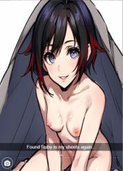 1girls ai_generated cum cum_on_breasts ruby_rose rwby short_hair silver_eyes small_breasts snapchat under_bed