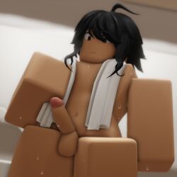 1boy 3d ahoge balls belly_button black_hair dripping_water erection femboy feminine_male hard_on looking_down may_(pptakkun) navel nude orange_eyes original_character penis pout pptakkun roblox robloxian shower_room tagme thick_eyebrows towel trap wet