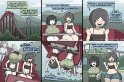 2girls comedy comic comic_page dark_hair doctorloops flat_chest funny grey_hair humor large_breasts large_thighs mona_(doctorloops) roller_coaster text text_on_clothing veronica_(doctorloops)