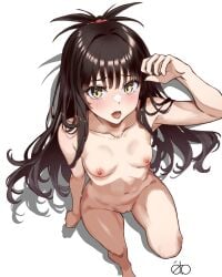 ahneato arm_up breasts brown_hair completely_nude female from_above highres light_blush long_hair looking_at_viewer nipples nude open_mouth pussy small_breasts solo to_love-ru topknot yellow_eyes yuuki_mikan