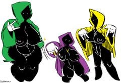 3girls absurd_res black_body black_skin clairederuru cloak cross cross_necklace eyes_only female female_only gang_signs genderbent gold_necklace green_cloak green_hood hi_res hood hooded meme multiple_girls naked naked_female necklace nude nude_female purple_cloak purple_hood rule_63 shadow_wizard_money_gang star we_love_casting_spells white_background yellow_cloak yellow_hood