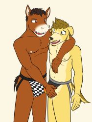 anthro arm_around_shoulders beard canid canine canis checkered_clothing checkered_underwear clothed clothing clyde_(texnatsu) crotch_grab domestic_dog duo equid equine erection erection_under_clothing facial_hair flame_pattern franklin_(texnatsu) fuze grope hi_res horse jockstrap jockstrap_only male male/male mammal moustache navel nipples pattern_clothing pattern_underwear simple_background tenting texnatsu topless underwear underwear_only white_background