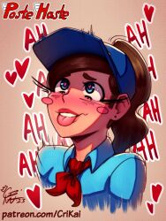 ahe_gao blue_cap blue_shirt blush brown_hair crimson_kaiserin female headwear heart-shaped_pupils human long_eyelashes looking_pleasured looking_up moaning pale_skin ponytail postal_carrier poste_haste_(crimson_kaiserin) red_tie teeth text tongue_out