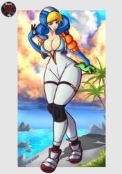 apex_legends beach big_breasts blue_bra blue_gloves bra breast_expansion breasts breasts_out giantess growth jumpsuit lichtenberg_figure looking_at_viewer mini_giantess nessie palm_tree plushie scar scars simple_background sitting thick thick_legs thick_thighs tight_clothing water watermark wattson_(apex_legends) yellow_hair yellow_jacket