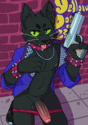 absurd_res anthro artbyyellowdog balls black_body black_fur clothed clothing collar domestic_cat felid feline felis foreskin friends_vs_friends fur furry genitals green_eyes gun hi_res jacket male mammal partially_clothed penis ranged_weapon solo solo_focus spike_remington_(friends_vs_friends) tongue tongue_out topwear underwear weapon