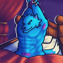 anthro armpit_hair bed bedding blanket blue_body blue_fur body_hair canid canine canis fur furniture haha-yea hi_res lupin_(town_of_salem_2) male mammal muscular muscular_male solo stretching town_of_salem town_of_salem_2 were werecanid werecanine werewolf wolf