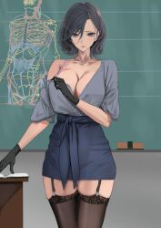 1girls 2023 art_teacher_(kesoshirou) black_eyes black_gloves black_hair blue_bra book bra breasts chalkboard classroom cleavage clothed clothing female female_only garter_straps gloves highres indoors kesoshirou large_breasts looking_at_viewer matching_hair/eyes original pencil_skirt school shirt short_hair skeleton skirt solo standing teacher thighhighs thighs undressing zettai_ryouiki