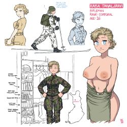 army_uniform big_breasts blonde_hair blue_eyes blush corporal curvaceous edited finnish hair_bun ostwindprojekt_(artist) rifleman skiing smiling undressing whistle