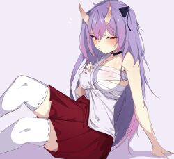 1girls blush breast_grab clothed clothing eyebrows_visible_through_hair female female_only hakama indie_virtual_youtuber kamihoshi_project kkrazyyyy1 light-skinned_female light_skin looking_at_viewer monster_girl oni oni_female oni_horns purple_hair red_eyes red_hakama solo syd_(ecchigf) virtual_youtuber