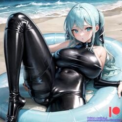 ai_generated bodysuit kuriboh_ex_(artist) latex latex_suit rubber rubber_suit turquoise_eyes turquoise_hair