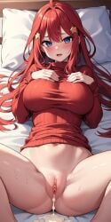 ahoge ai_generated ass bahamut0 blue_eyes blush breasts breasts cum cum_in_pussy embarrassed go-toubun_no_hanayome hair_ornament hands_on_breasts legs_apart legs_up looking_at_viewer nakano_itsuki nude on_bed pov pussy red_hair red_sweater spread_legs star_hair_ornament sweater vagina