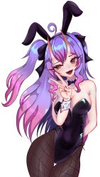 1girls ahoge big_breasts breasts bunnysuit cleavage ecchigf fake_animal_ears fake_rabbit_ears female female_only indie_virtual_youtuber kamihoshi_project light-skinned_female light_skin looking_at_viewer oerba_yun_fang oni oni_female oni_horns open_mouth purple_hair red_eyes simple_background solo syd_(ecchigf) twintails v_sign virtual_youtuber white_background