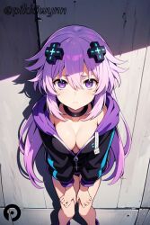 ai_generated black_choker blush breasts choker cleavage d-pad d-pad_hair_ornament female hair_between_eyes hair_ornament hood hooded_jacket jacket long_hair looking_at_viewer medium_breasts neptune_(neptunia) neptunia_(series) no_bra pikkiwynn purple_eyes purple_hair solo very_long_hair