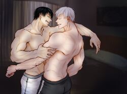 2boys black_hair blue_eyes duo gay green_eyes imminent_sex jujutsu_kaisen looking_at_viewer male male/male male_only muscular_male satoru_gojo scar_across_mouth shirtless_(male) toji_fushiguro topless_male white_hair yaoi