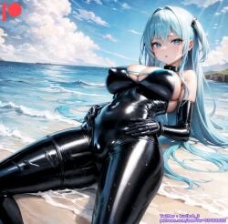 ai_generated bodysuit kuriboh_ex_(artist) latex latex_suit rubber rubber_suit turquoise_eyes turquoise_hair