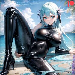 ai_generated bodysuit high_heels kuriboh_ex_(artist) latex latex_suit rubber rubber_suit turquoise_eyes turquoise_hair