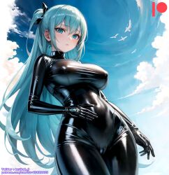 ai_generated bodysuit kuriboh_ex_(artist) latex latex_suit rubber rubber_suit turquoise_eyes turquoise_hair