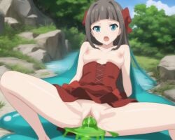 ai_generated blue_eyes breasts brown_hair kudou_asuka long_hair mondaiji_tachi_ga_isekai_kara_kuru_sou_desu_yo? problem_children_are_coming_from_another_world pussy red_dress sex slime slime_sex stable_diffusion uncensored vaginal_penetration