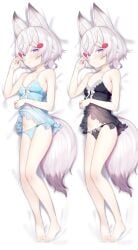 1girls barefoot bed_sheet blue_eyes dakimakura dakimakura_design fox_girl kemonomimi light-skinned_female light_skin lingerie minutati on_bed phase_connect phase_origins small_breasts tenma_maemi virtual_youtuber white_bed_sheet