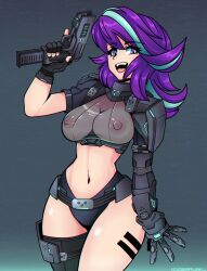 1girls blue_eyes breasts ciderpunk clothed_female cyberpunk equestria_girls female female_only humanoid multicolored_hair my_little_pony nipples outside solo starlight_glimmer tagme