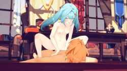 1boy 1girls 3d aether_(genshin_impact) animated blue_hair faruzan_(genshin_impact) genshin_impact koikatsu long_hair mihoyo naked nipples office on_top pleasure_face sex small_breasts straight twintails vaginal_penetration vaginal_sex