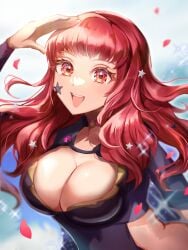 1girls arm_up breasts cleavage commentary_request facial_mark female female female_only fire_emblem fire_emblem_engage highres large_breasts nintendo red_eyes red_hair solo star_(symbol) upper_body youhei_choregi yunaka_(fire_emblem)