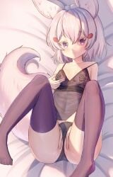lingerie looking_at_viewer masturbation on_back on_bed phase_connect ray_peng small_breasts stockings tenma_maemi virtual_youtuber