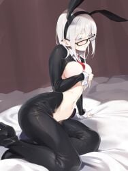 asutora asutora-chan blue_eyes bunny_ears bunnysuit covered_nipples covering_breasts glasses medium_breasts white_hair