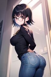 1girls ai_generated ass big_ass big_breasts black_hair blush booty breasts brown_eyes curvy denim female from_behind glasses human hunter_x_hunter jeans large_breasts looking_at_viewer looking_back pale-skinned_female pale_skin pants phantom_troupe shirt shizuku_murasaki short_hair shounen_jump sideboob solo sweater tight_pants villainess wide_hips