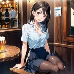 ai_generated alcohol breasts brown_hair clothing drink legwear looking_at_viewer necklace office_lady original original_characters pub skirt smile