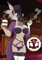 1girls 8ball9615 bathrobe black_dahlia bra cigarette coffee_mug cyborg_girl dressing_gown front_view housecoat milf navel pale-skinned_female panties prosthetic_arm skullgirls sleeping_gown standing tired_eyes underwear white_hair