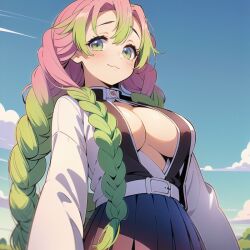 1girls ai_generated blush breasts center_opening cute demon_slayer demon_slayer_uniform green_eyes green_hair kanroji_mitsuri kimetsu_no_yaiba large_breasts pink_hair smile solo twin_braids