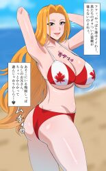 1girls arms_behind_head arms_up artist_request ass beach big_ass big_breasts bikini bleach blush breasts canada female flag_bikini flag_print from_behind huge_breasts japanese_text koa19mvd large_breasts light-skinned_female light_skin long_hair looking_at_viewer looking_back matsumoto_rangiku mole mole_under_mouth orange_hair outdoors pinup sagging_breasts seaside solo solo_focus swimsuit text thick_thighs translation_request very_long_hair voluptuous voluptuous_female