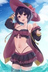 1girls :d alternate_costume arm_up bike_shorts bikini bikini_skirt bird black_bikini black_hair black_jacket black_swimsuit blue_sky bracelet breasts cloud day female female_only fire_emblem fire_emblem_awakening flower gold_trim hand_up happy haru_(nakajou-28) hat hat_flower hibiscus highres jacket jewelry looking_at_viewer medium_breasts morgan_(fire_emblem) morgan_(fire_emblem)_(female) navel nintendo off_shoulder open_mouth outdoors panty_straps purple_eyes red_flower scrunchie short_hair shorts shorts_under_skirt sky small_breasts smile solo stomach strap_gap sun_hat swimsuit two-sided_fabric two-sided_jacket wrist_scrunchie