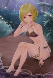 alternate_costume bare_arms bare_legs bare_shoulders barefoot bikini blonde_hair breasts brown_bikini citrinne_(fire_emblem) collarbone commentary_request female fire_emblem fire_emblem_engage haru_(nakajou-28) highres navel red_eyes royalty short_hair sitting small_breasts solo stomach swimsuit teenage_girl teenager thighs