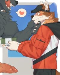 absurd_res anthro blush canid canine canis clothed clothing delivery_(commerce) delivery_employee domestic_dog duo erection fur gakujo gay genitals grey_body grey_fur hat headgear headwear heart hi_res jacket licking licking_lips male male/male male_only mammal nude penis pizza_box sharp_teeth side_view teeth tongue tongue_out topwear vein veiny_penis visor_cap wolf