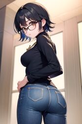 1girls ai_generated ass big_ass big_breasts black_hair blush booty breasts brown_eyes curvy denim female from_behind glasses human hunter_x_hunter jeans large_breasts looking_at_viewer looking_back pale-skinned_female pale_skin pants phantom_troupe shirt shizuku_murasaki short_hair shounen_jump sideboob solo sweater tight_pants villainess wide_hips