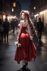 aerith_gainsborough ai_generated ass brown_hair dibujando365 final_fantasy final_fantasy_vii final_fantasy_vii_remake red_dress