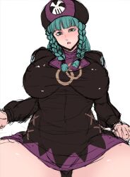 1girls big_breasts blush breasts clothed clothed_female clothing erect_nipples female green_hair hat kuroi_miyuki large_breasts light-skinned_female mega_man mega_man_battle_network nipples ogura_anko open_mouth panties skirt solo spread_legs thick_thighs thong