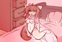 1girls bed blanket breasts cabinet doki_doki_literature_club female female_only flashing flashing_breasts furniture girl green_eyes holding_shirt_with_mouth long_hair monika_(doki_doki_literature_club) navel pierced_nipples piercing piercings pillow pinkprosciutto shirt shirt_in_mouth shirt_lift shirt_up showing_breasts showing_off solo solo_female solo_focus thong