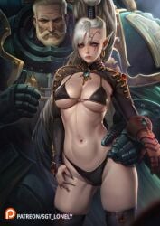 1boy 1girls aeldari bikini black_bikini breasts dark_angels earrings eldar elf_ears facial_markings female green_hair hand_on_hip hoop_earrings imperium_of_man lion_el’jonson long_fingernails long_hair male panties ponytail primarch sgt_lonely shrug_(clothing) stockings thighs warhammer_(franchise) warhammer_40k white_hair yvraine