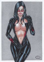 1girls baroness_(g.i._joe) black_hair bodysuit ed_benes_studio female_focus female_only g.i._joe hi_res huge_breasts latex_suit long_hair looking_over_eyewear looking_over_glasses looking_over_sunglasses red-tinted_eyewear rudimar_patrocinio skin_tight sunglasses tinted_eyewear unzipped_bodysuit