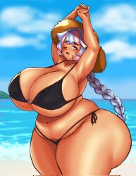 1girls arms_up beach bikini blue_eyes blue_hair blush braid braided_ponytail curvaceous curvy eyebrows_visible_through_hair female female_only hat hi_res huge_ass huge_breasts huge_hips huge_thighs jojoniumart long_hair looking_at_viewer minari_(jojoniumart) pink_hair seaside smiling smiling_at_viewer solo straw_hat stretching two_tone_hair wink winking_at_viewer