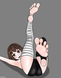 armpits ass bandage bandaged_leg black_panties brown_hair cameltoe feet feet_up female foot_fetish foot_focus kono_subarashii_sekai_ni_shukufuku_wo! legs legs_up looking_at_viewer lying lying_on_back megumin nahotachi on_back open_mouth red_eyes short_hair single_thighhigh small_breasts smile smug soles solo stirrup_legwear teeth thighhighs toes tongue underwear