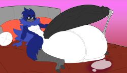 1boy 2023 anthro avian balls beak bed bedroom big_balls big_penis bird black_sclera blue_fur digital_media_(artwork) fluffy furry huge_balls huge_cock hyper hyper_balls hyper_penis large_balls large_penis laying_down looking_at_viewer male oc original_character penis precum precum_drip simple_background solo solo_male thiccbuns white_fur