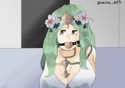 1girls alternate_costume ball_gag bondage breasts cleavage female female_only femsub fire_emblem fire_emblem:_three_houses fire_emblem_heroes flower gag green_eyes green_hair hair_flower large_breasts long_hair milla_arts nintendo official_alternate_costume rhea_(fire_emblem) rhea_(summer)_(fire_emblem) solo white_bikini white_swimsuit