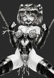 ball_gag biosuit bondage chains gag lactation living_clothes living_suit monochrome nipples parasite_accessories pussy tentacles tied_hair twintails